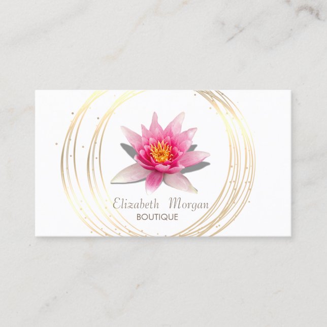 Carte De Visite Elégant blanc, Cercles d'or Aquarelle Lotus (Devant)