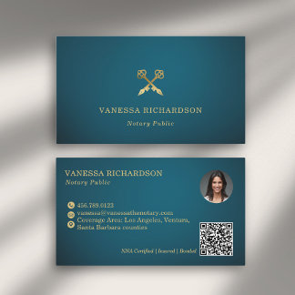 Carte De Visite Elégant bleu et or squelette clé Notaire public QR