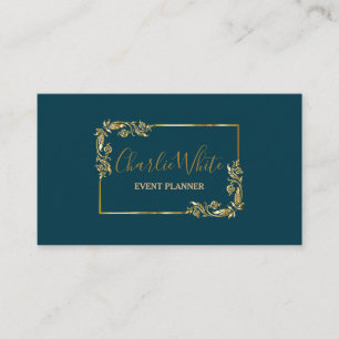 Carte De Visite Élégant Bleu foncé et feuille d'or floral QR