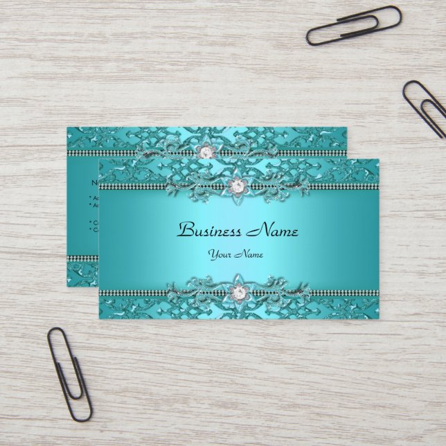 Carte De Visite Elégant bleu Turquoise Damas look Embossé (Devant/Arrière en situation)