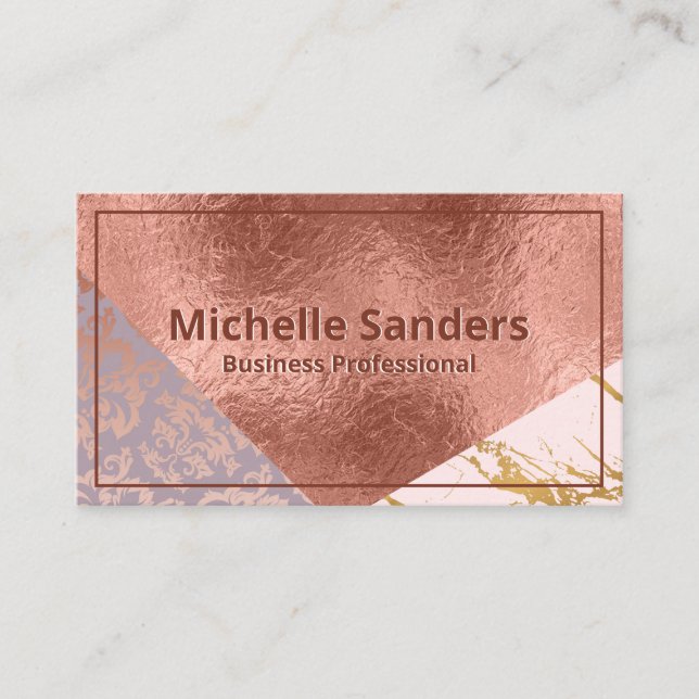 Carte De Visite Élégant bloc Marbre Damas Rose Gold Foil (Devant)