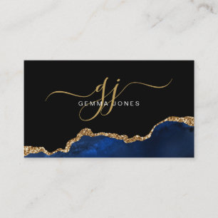 Carte De Visite Élégant Blue Agate Gold Parties scintillant Script