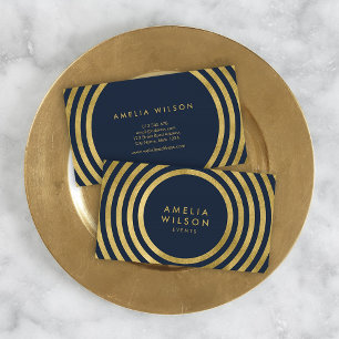 Carte De Visite Elégant Blue Faux Gold Round Lines Événement géomé