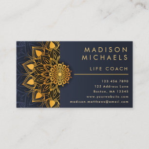 Carte De Visite Elégant Blue Gold Mandala Life Coach