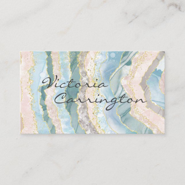Carte De Visite Élégant Blue Gold Turquoise Agate Script (Devant)