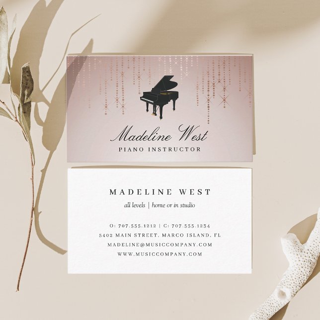 Carte De Visite Élégant Blush Rain Piano Instructeur de musique (Créateur téléchargé)