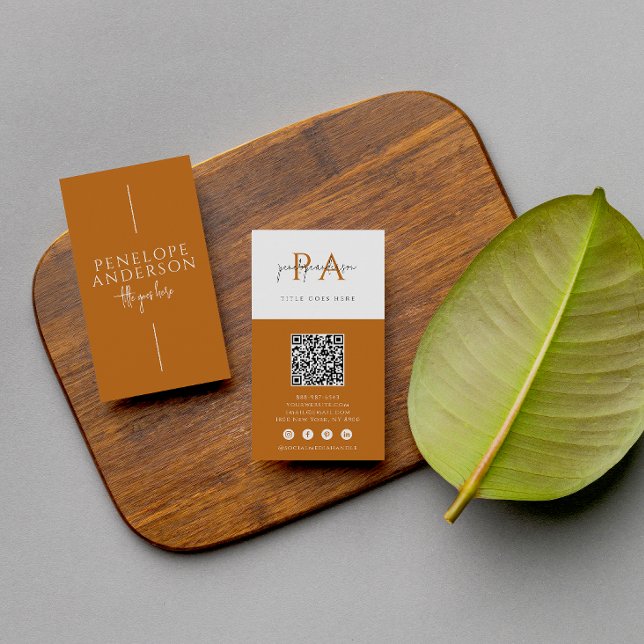 Carte De Visite Elégant Boho Monogramme QR Code Modern Terracotta (Créateur téléchargé)