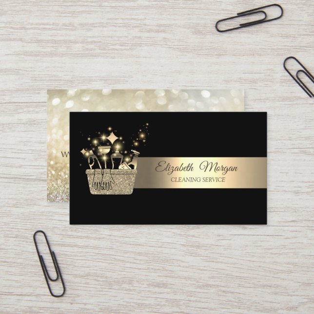 Carte De Visite Elegant Bokeh Gold Glitter Cleaning Tools Black (Devant/Arrière en situation)