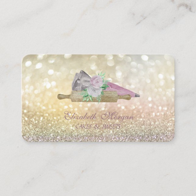 Carte De Visite Élégant Bokeh Rolling Pin Flowers Boulangerie (Devant)