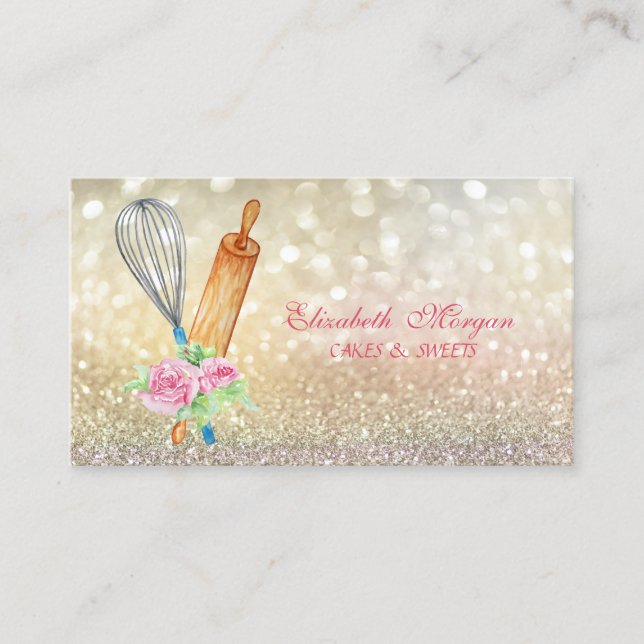 Carte De Visite Élégant Bokeh Rolling Pin Whisk Bakery (Devant)