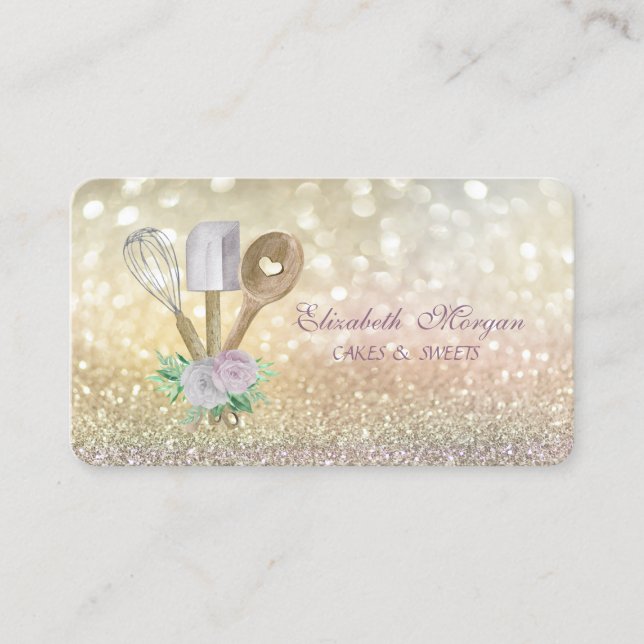 Carte De Visite Élégant Bokeh Rolling Pin Whisk Bakery Business Ca (Devant)