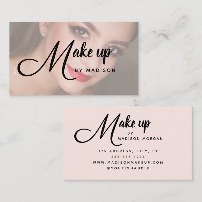 Carte De Visite Elegant Bold Script Blush Pink Photo Makeup (Devant / Derrière)