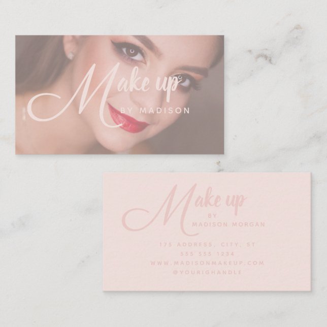 Carte De Visite Elegant Bold Script Blush Pink Photo Makeup (Devant / Derrière)
