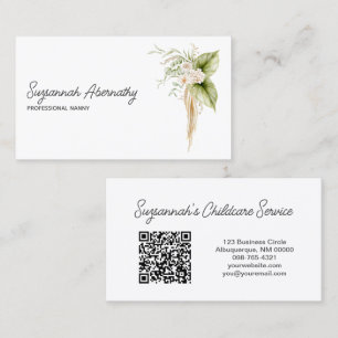 Carte De Visite Élégant bordure florale droite avant QR Code retou