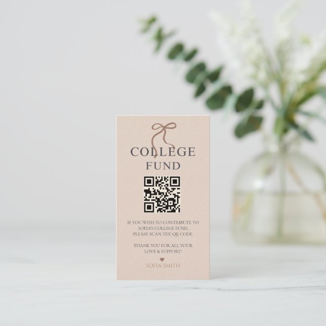 Carte De Visite Elegant Bow Graduation College Fund QR Code (Debout devant)