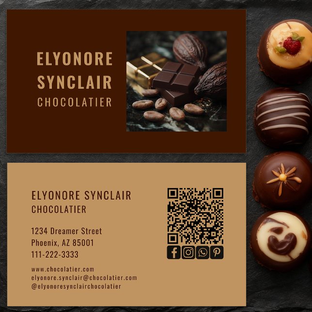 Carte De Visite Elegant Brown Chocolatier Photo Social QR Code  (Créateur téléchargé)