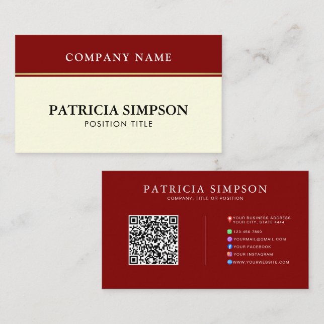 Carte De Visite Elegant Burgundy Red and Beige Cream QR Code Links (Devant / Derrière)