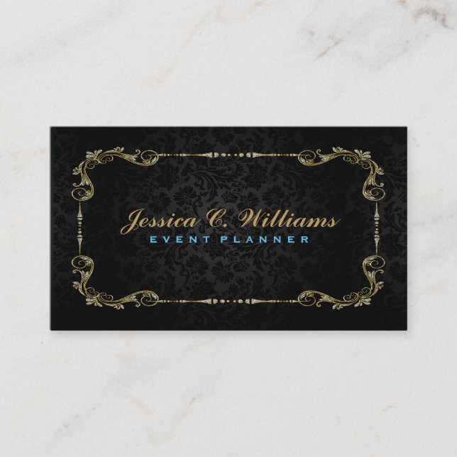 Carte De Visite Elégant cadre Floral Black & Faux Gold (Devant)