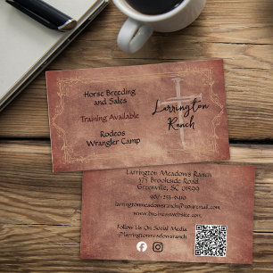 Carte De Visite Élégant cheval Ranch Western Cross Logo QR Code