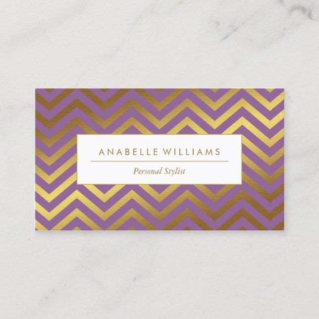 Carte De Visite Élégant Chevrons Purple et Faux Gold Foil (Devant)