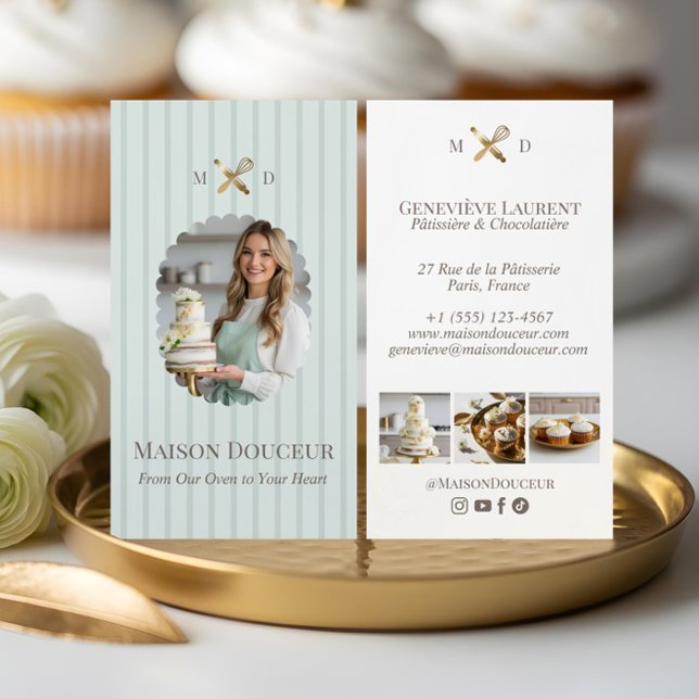 Carte De Visite Elegant Chic Bakery Stripes & Gold Whisk Photo  (Elegant Chic Bakery Stripes & Gold Whisk Photo Business Card)