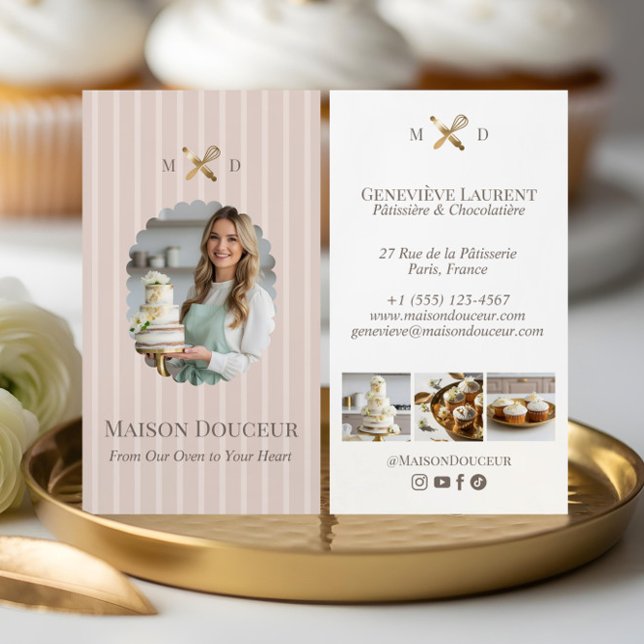 Carte De Visite Elegant Chic Bakery Stripes & Gold Whisk Photo  (Elegant Chic Bakery Stripes & Gold Whisk Photo Business Card)