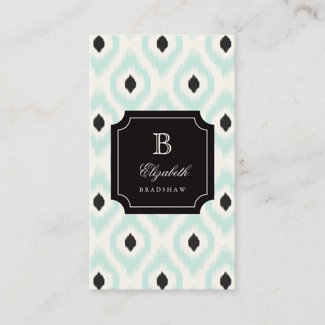 Carte De Visite Élégant Chic Black Mint Diamond Ikat Monogramme (Devant)