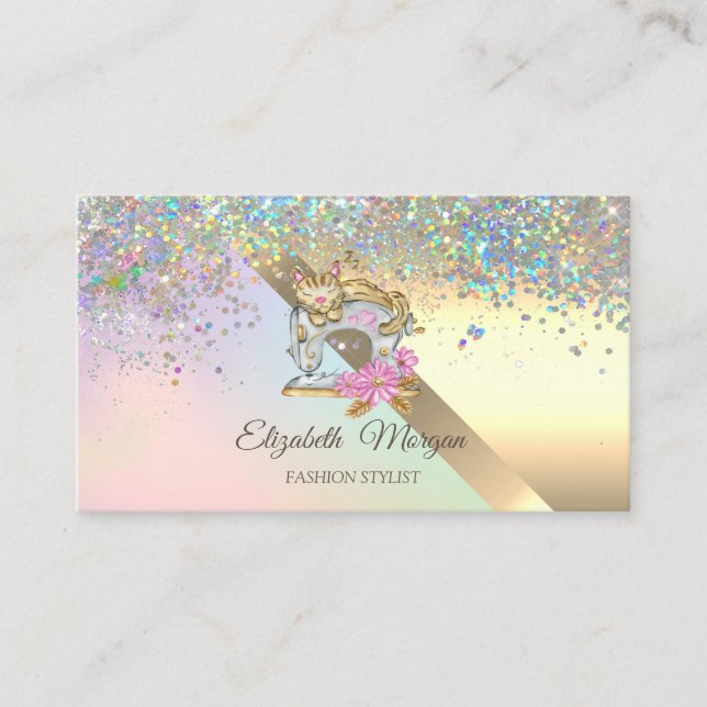 Carte De Visite Élégant Chic Confetti Machine à coudre Chat (Devant)