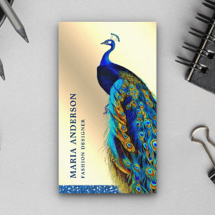 Carte De Visite Elégant Chic Cream Gold Foil Blue Indian Peacock
