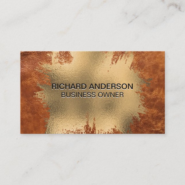 Carte De Visite Elégant Chic Gold Foil Splatter | Cuir Brown (Devant)