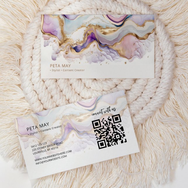 Carte De Visite Elégant Chic Gold & Purple Aquarelle Abstraite QR (Créateur téléchargé)