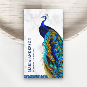 Carte De Visite Élégant Chic Marbre Blanc Bleu Paon Indien