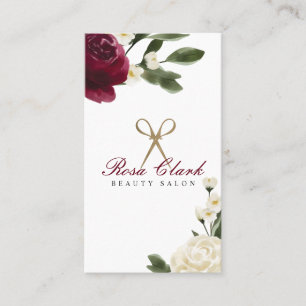 Carte De Visite Elégant ciseau or & Aquarelle rouge logo floral