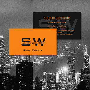 Carte De Visite Élégant clair orange noir simple avec Monogramme