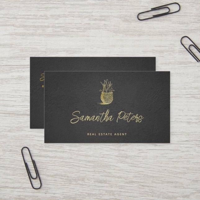 Carte De Visite Élégant Classy Black Gold Ananas Immobilier (Devant/Arrière en situation)