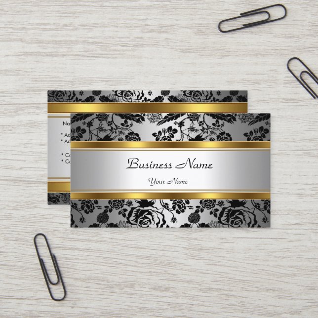 Carte De Visite Élégant Classy Gold Grey Floral noir argent (Devant/Arrière en situation)