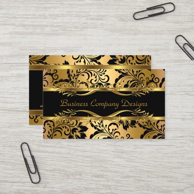 Carte De Visite Elégant Classy Gold Noir Damas Embossé Look (Devant/Arrière en situation)
