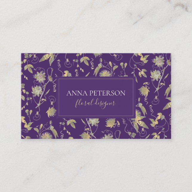 Carte De Visite Élégant Classy Gold Passionflowers Vine sur violet (Devant)