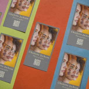 Carte De Visite Elégant Clean Grey Photo Photographie et code Qr