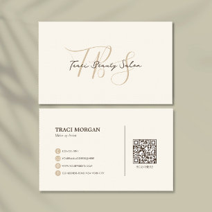 Carte De Visite Élégant Code QR Crème Beige Écriture Féminine