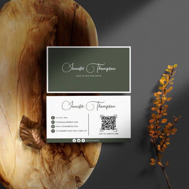 Carte De Visite Élégant code QR de script vert foncé professionnel (Créateur téléchargé)