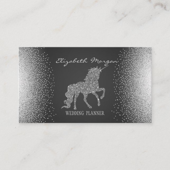 Carte De Visite Elégant Confetti Grey, SilverGlitter Unicorn (Devant)