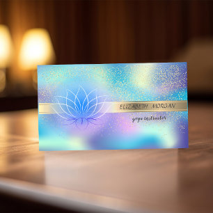 Carte De Visite Elégant Confetti Or, Lotus, Holographique Bleu