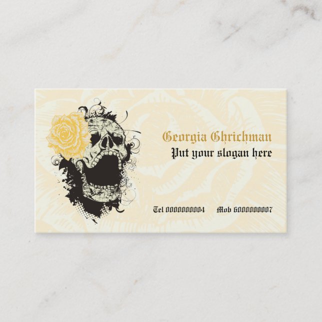 Carte De Visite Elégant crâne gothique et rose jaune personnalisé (Devant)