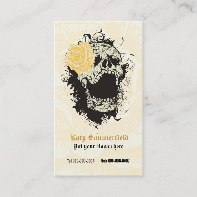 Carte De Visite Elégant crâne gothique et rose jaune personnalisé (Devant)
