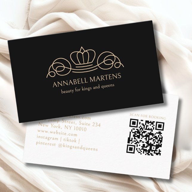 Carte De Visite Elegant Crown Salon Black Beige QR Code (Elegant Crown Salon Black Beige QR Code Business Card)
