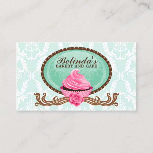 Carte De Visite Élégant Cupcake Bakery Damask (Devant)