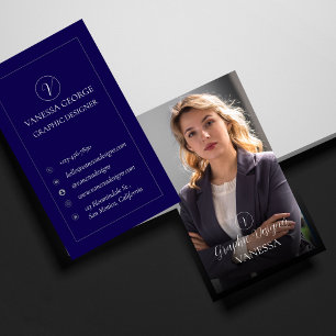 Carte De Visite Elégant Cute Blue Photo Moderne Monogramme Personn