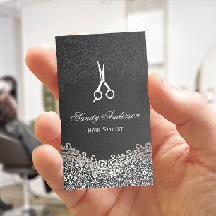 Carte De Visite Élégant Damas d'Argent foncé - Liste de cheveux