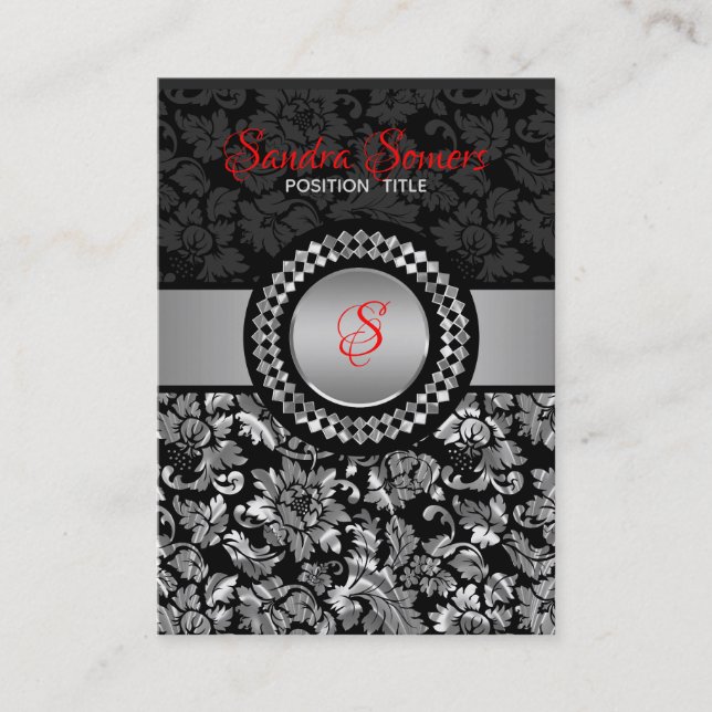 Carte De Visite Élégant Damas Florales Gris Noir Et Argent (Devant)